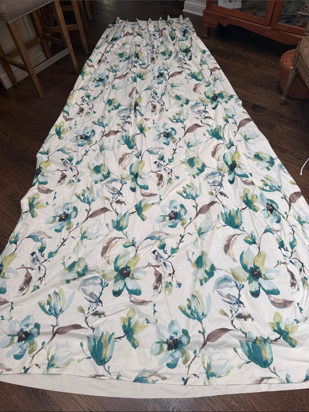 2 Teal and Cream Floral Curtain Panels- Custom Made